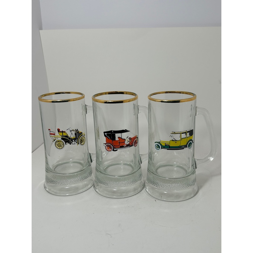 Vintage Antique Car Beer Mug Set 3 Rolls Royce Austin Wolseley Gold Rim Glass